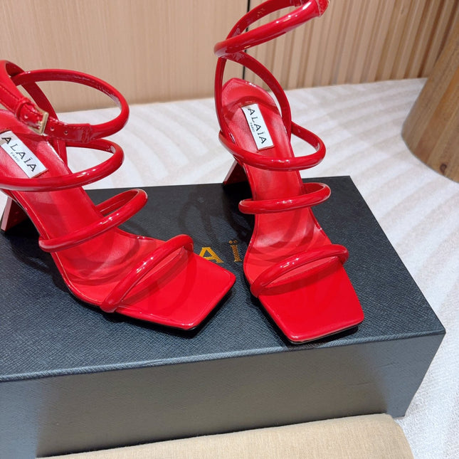 ALAIA THREE-STRAPS HIGH HEEL SANDALS IN CHERRY RED PATENT LAMBSKIN