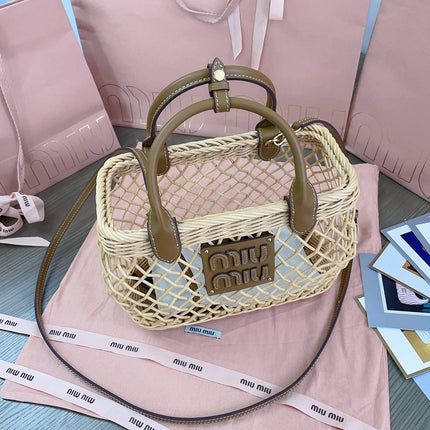WOVEN HOLLOW BAG 24 IN BEIGE RATTAN AND BROWN CALFSKIN TRIM