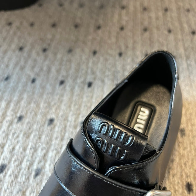 MIUMIU 26S SLIP-ON LOAFERS IN BLACK CALFSKIN SQUARE BUCKLE