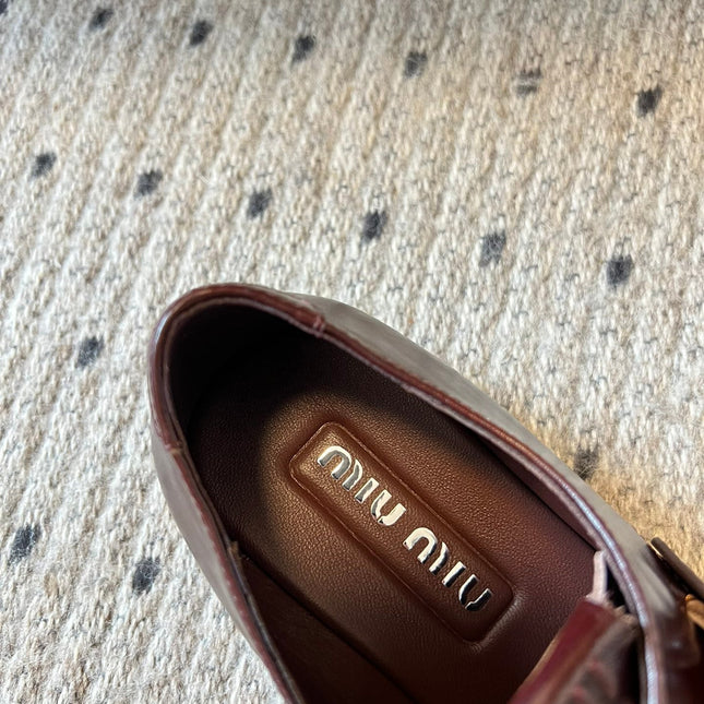 MIUMIU 26S SLIP-ON LOAFERS IN DARK REDDISH BROWN CALFSKIN SQUARE BUCKLE