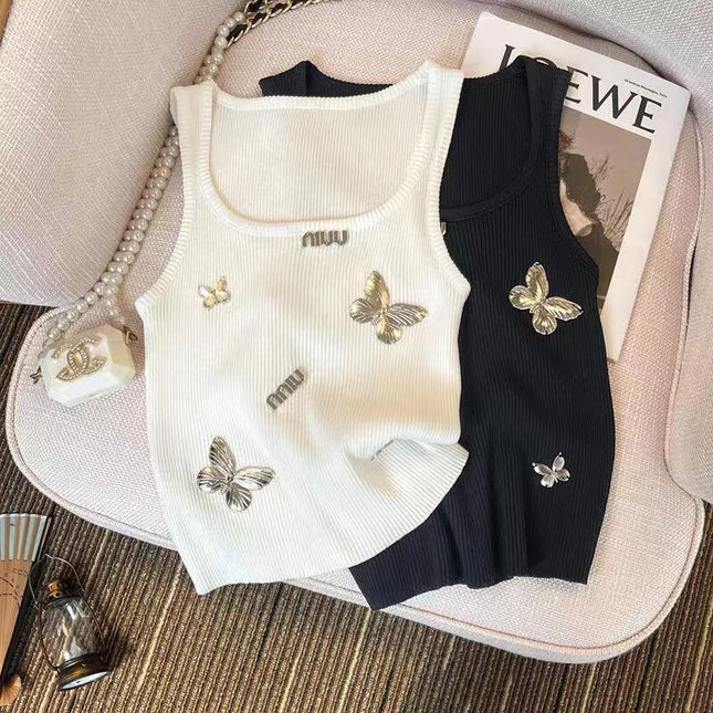 Miu Butterfly Embroidered Ribbed Tank Top