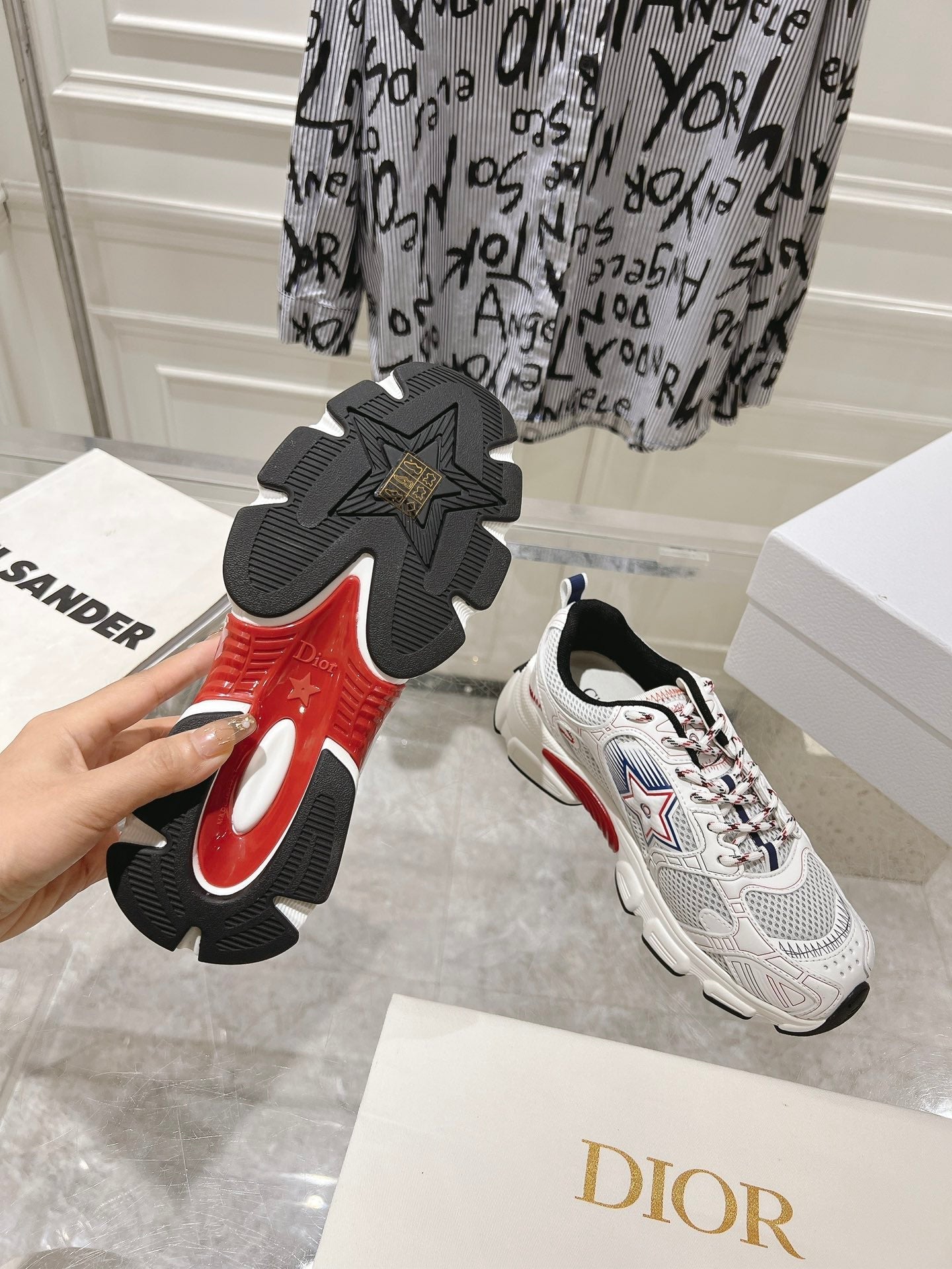 DIOR 25S CHRONO STAR FLATFORM SNEAKERS 45MM IN MESH WITH WHITE CALFSKIN