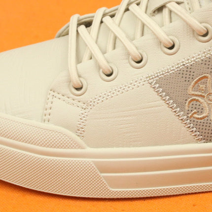 PRA TRAINER IN BEIGE CREAM CALFSKIN AND TAN EMBROIDERED FABRIC