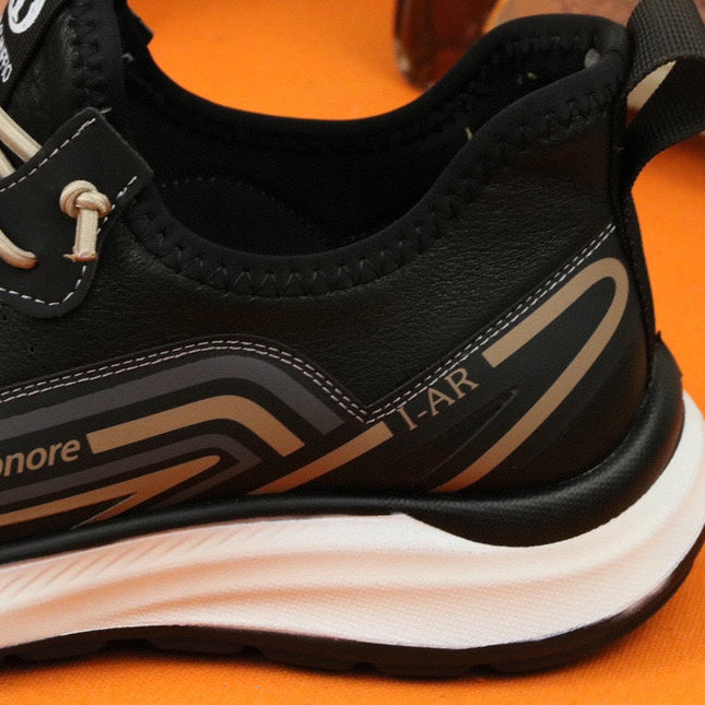 PRA SNEAKER IN BLACK MIX GOLD CALFSKIN AND BREATHABLE MESH