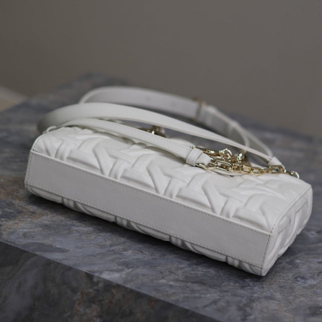 LADY D-JOY BAG 26 IN WHITE GRAPHIC CANNAGE CALFSKIN PALE GOLD-FINISH METAL CHARMS