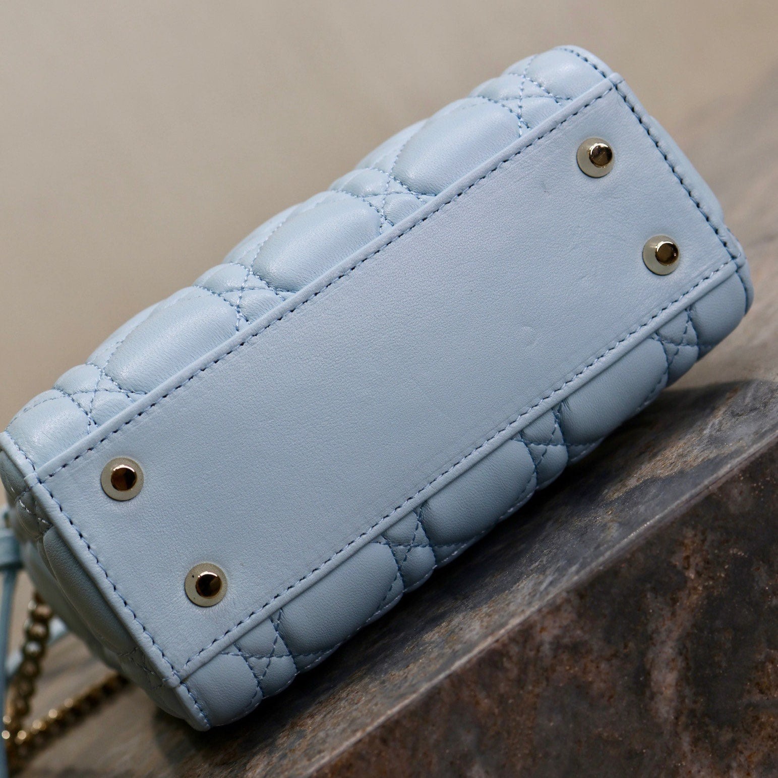 MINI LADY BAG 17 IN BABY BLUE QUILTED MACROCANNAGE CALFSKIN GREEN STRAP