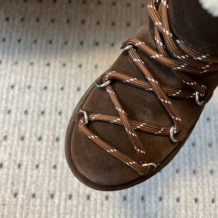 MIUMIU 26S LACE-UP ANKLE BOOTS IN DARK BROWN SUEDE AND WOOL