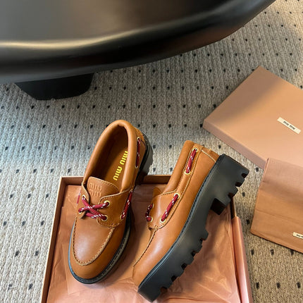 MIUMIU 26S CHUNKY SOLE LOAFERS IN TAN BROWN CALFSKIN