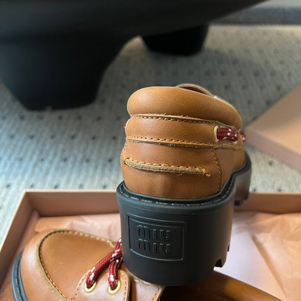 MIUMIU 26S CHUNKY SOLE LOAFERS IN TAN BROWN CALFSKIN