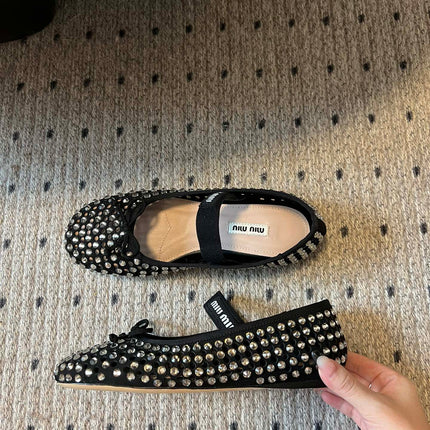 MIUMIU 26S BALLERINA FLATS IN BLACK MESH CALFSKIN WITH RHINESTONES