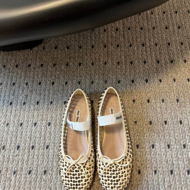 MIUMIU 26S BALLERINA FLATS IN LIGHT BEIGE MESH CALFSKIN WITH RHINESTONES