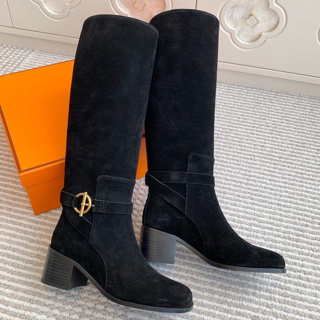 HM 25S TALL BOOTS 50 MM IN BLACK SUEDE WITH GOLD HARDWARE