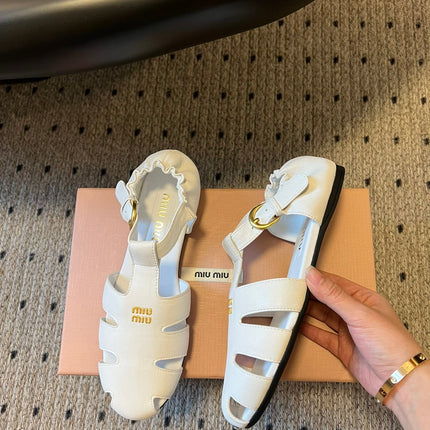 MIUMIU 26S FISHERMAN SANDALS IN WHITE RUCHES NAPPA CALFSKIN