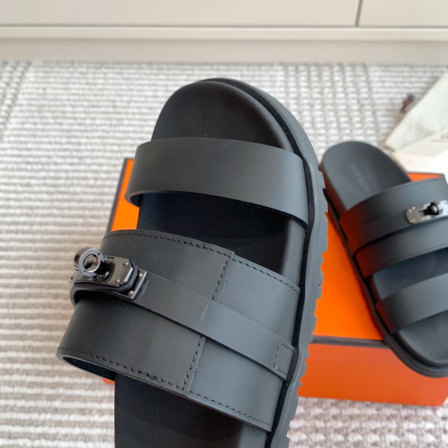 HM 26S KELLY BUCKLE DOUBLE STRAP SANDALS IN BLACK CALFSKIN BLACK HARDWARE