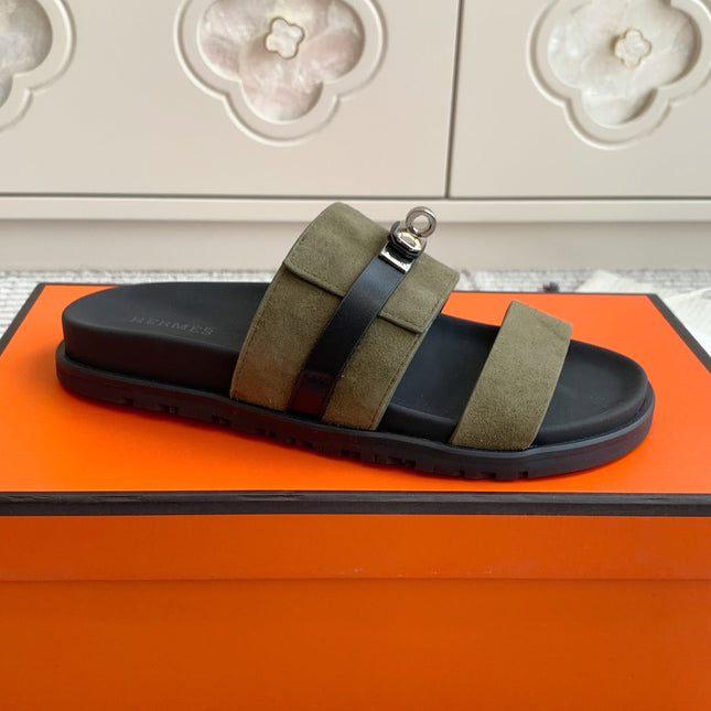 HM 26S KELLY BUCKLE DOUBLE STRAP SANDALS IN MOSS GREEN SUEDE SILVER HARDWARE