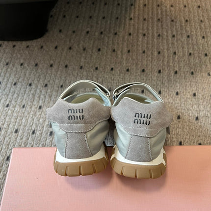 MIUMIU 26S BALLERINAS SHOES IN SAGE GREEN TYRE TECHNICAL FABRIC GREY SUEDE