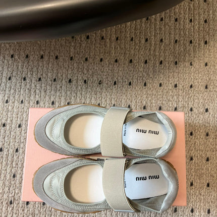 MIUMIU 26S BALLERINAS SHOES IN SAGE GREEN TYRE TECHNICAL FABRIC GREY SUEDE