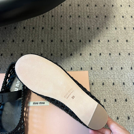 MIUMIU 26S BALLERINA FLATS IN BLACK MESH SHEEPSKIN