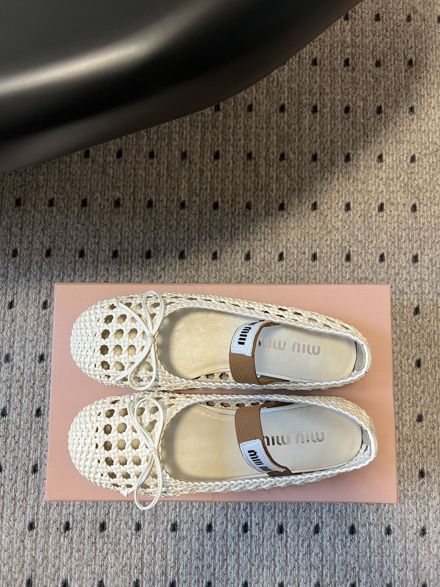 MIUMIU 26S BALLERINA FLATS IN CREAM WHITE MESH SHEEPSKIN