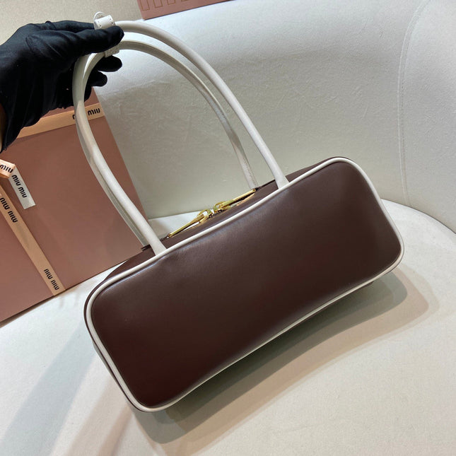 MIUMIU 26S BEAU BAG 28 IN DARK BROWN AND WHITE CALFSKIN