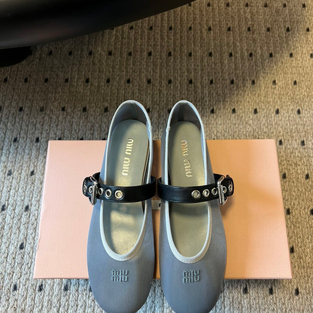 MIUMIU 26S BALLERINAS IN ALUMINUM GRAY MESH FABRIC