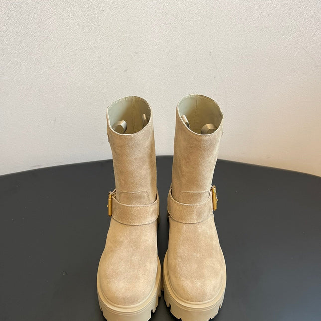 PRADA 25S PLATFORM ANKLE BOOTS IN BEIGE SUEDE WITH GOLD HARDWARE