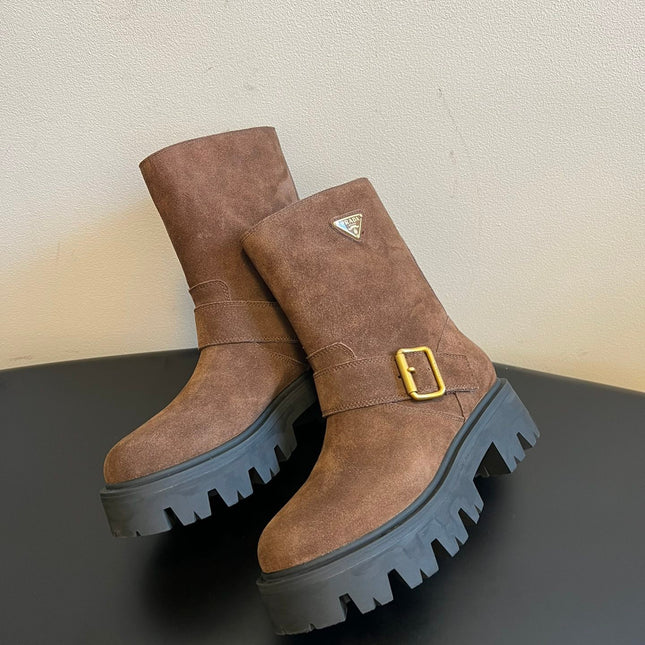PRADA 25S PLATFORM ANKLE BOOTS IN BROWN SUEDE WITH GOLD HARDWARE