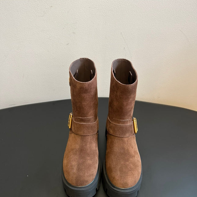 PRADA 25S PLATFORM ANKLE BOOTS IN BROWN SUEDE WITH GOLD HARDWARE