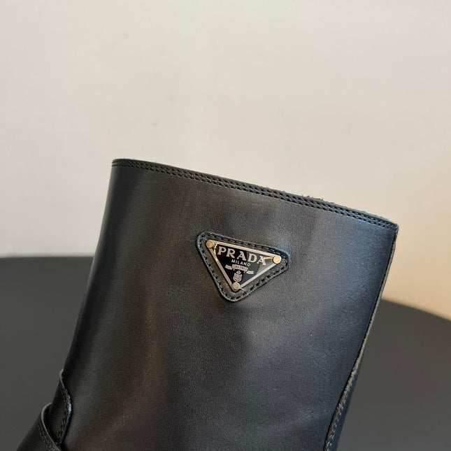PRADA 25S PLATFORM ANKLE BOOTS IN BLACK CALFSKIN WITH SILVER HARDWARE