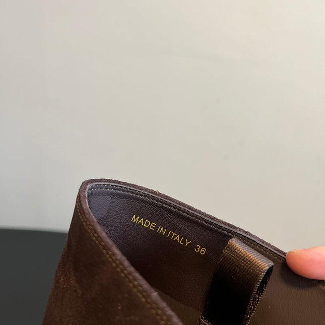 PRADA 25S HIGH-CUT PLATFORM BOOTS IN BROWN SUEDE WITH GOLD HARDWARE