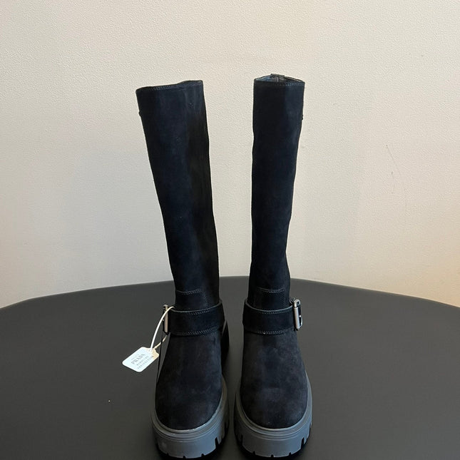 PRADA 25S HIGH-CUT PLATFORM BOOTS IN BLACK SUEDE WITH SILVER HARDWARE