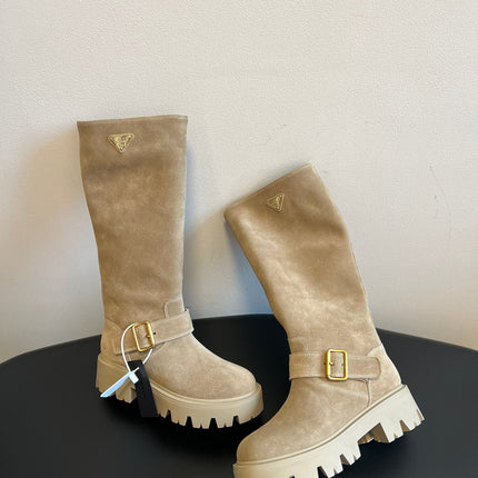 PRADA 25S HIGH-CUT PLATFORM BOOTS IN DARK BEIGE SUEDE WITH GOLD HARDWARE