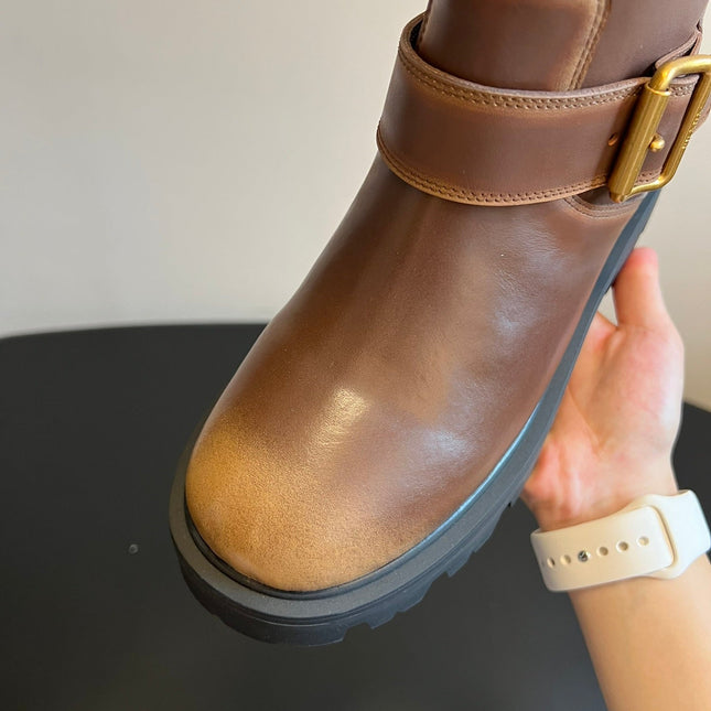 PRADA 25S HIGH-CUT PLATFORM BOOTS IN BROWN CALFSKIN WITH GOLD HARDWARE