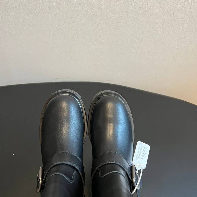 PRADA 25S HIGH-CUT PLATFORM BOOTS IN BLACK CALFSKIN WITH SILVER HARDWARE