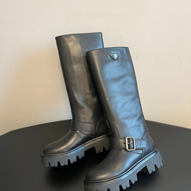 PRADA 25S HIGH-CUT PLATFORM BOOTS IN BLACK CALFSKIN WITH SILVER HARDWARE