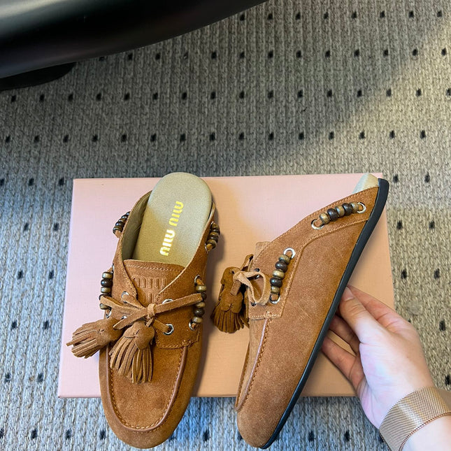 MIUMIU 26S MULES IN CARAMEL BROWN SUEDE