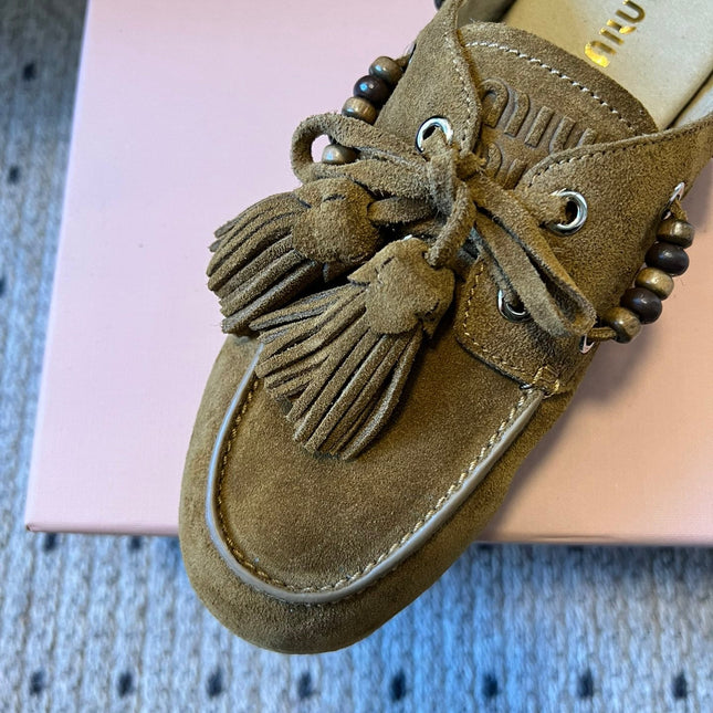 MIUMIU 26S MULES IN OLIVE BROWN SUEDE