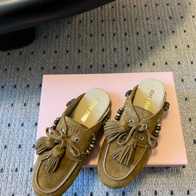 MIUMIU 26S MULES IN OLIVE BROWN SUEDE