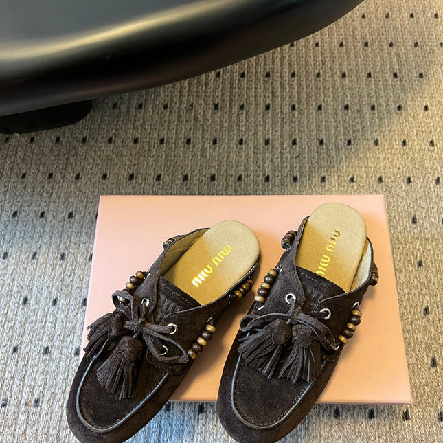 MIUMIU 26S MULES IN DARK BROWN SUEDE