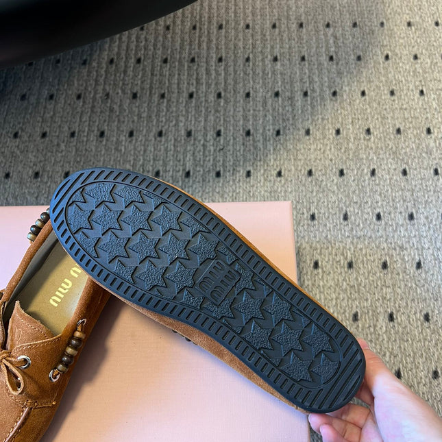 MIUMIU 26S TASSEL LOAFERS IN CARAMEL BROWN SUEDE