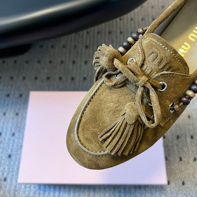 MIUMIU 26S TASSEL LOAFERS IN OLIVE BROWN SUEDE
