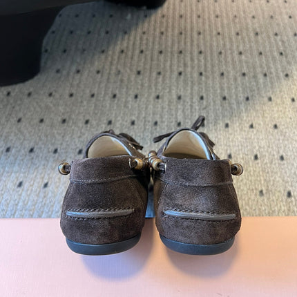 MIUMIU 26S TASSEL LOAFERS IN DARK BROWN SUEDE