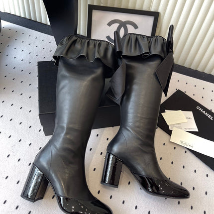 CHANEL BOW HIGH BOOTS IN BLACK CALFSKIN