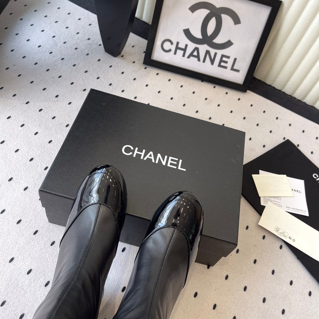 CHANEL BOW HIGH BOOTS IN BLACK CALFSKIN