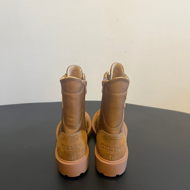 CELINE 26S LACE-UP ANKLE BOOTS IN BROWN SUEDE AND CANVAS