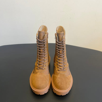 CELINE 26S LACE-UP ANKLE BOOTS IN BROWN SUEDE AND CANVAS