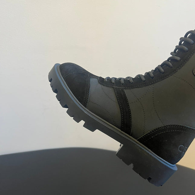 CELINE 26S LACE-UP ANKLE BOOTS IN BLACK SUEDE AND FABRIC