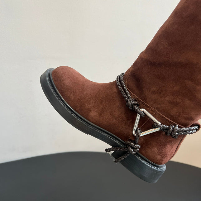 BOTTEGA VENETA 26S TALL BOOTS IN BROWN SUEDE
