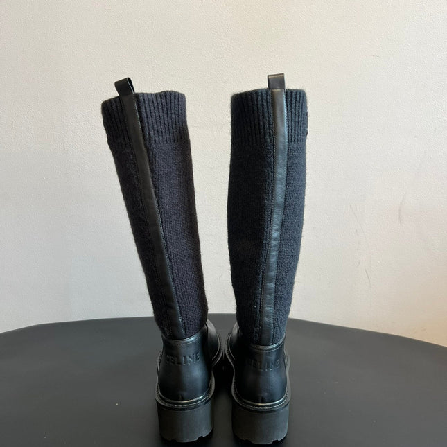 CELINE 26S HIGH-TOP BOOTS 60 MM IN BLACK CALFSKIN AND WOOL
