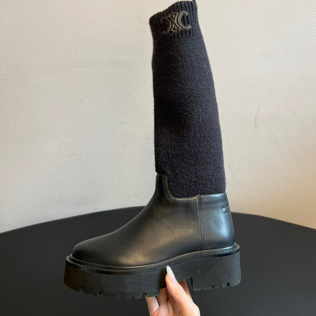 CELINE 26S HIGH-TOP BOOTS 60 MM IN BLACK CALFSKIN AND WOOL